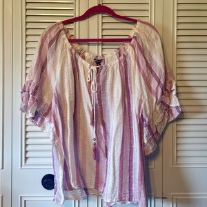 Unique Spectrum Pink and White Ruffled Tie Front Tunic